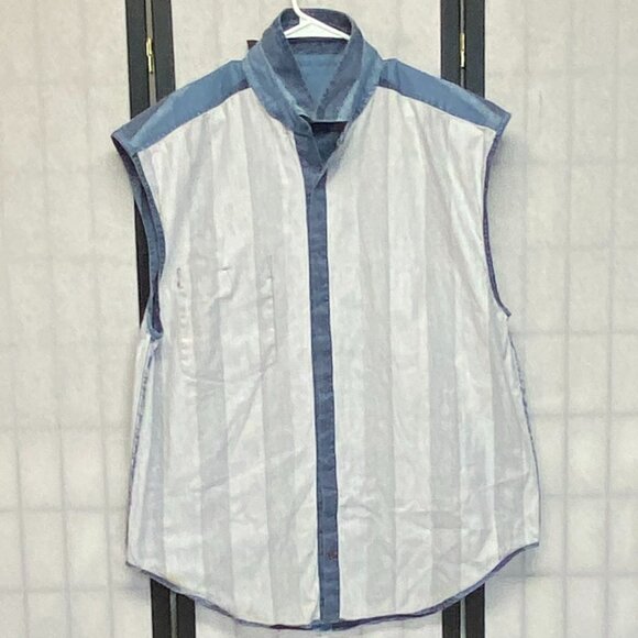 Vintage Santana Blue Sleeveless Button Front Vertical Stripe Shirt L Casual - Picture 5 of 13